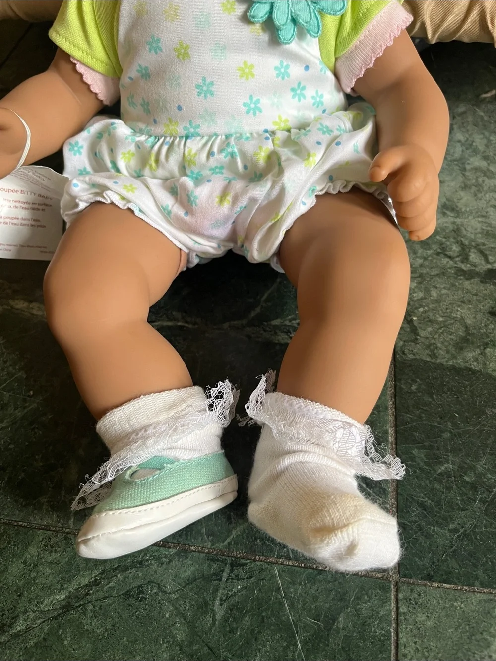 American Girl Soft Baby Doll in Lime Green Outfit with Blue Flower